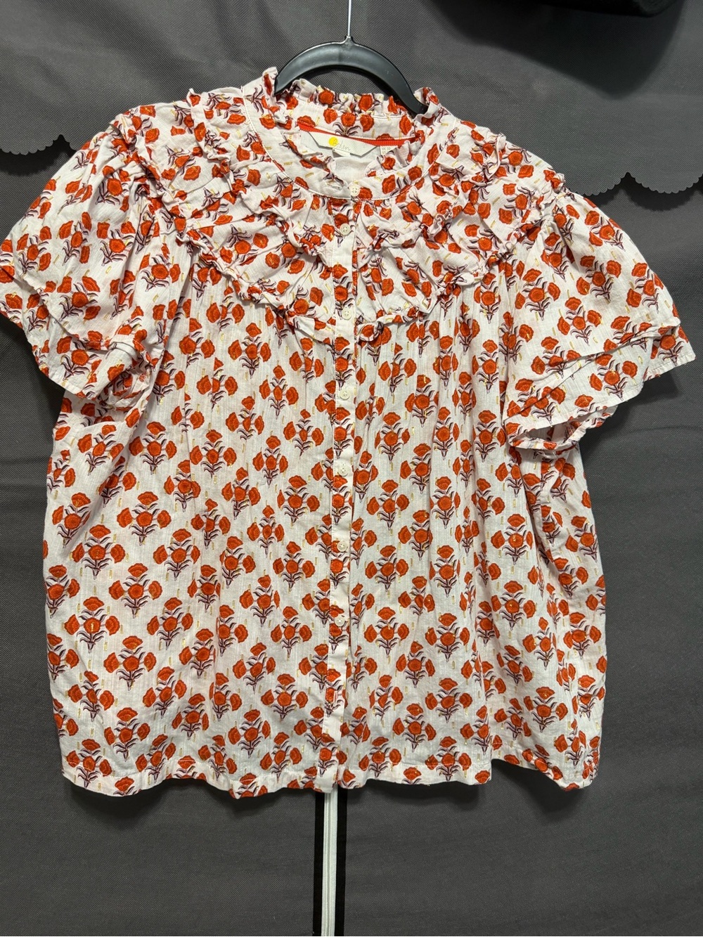 Boden Print Button Down Shirt with Ruffle Detail